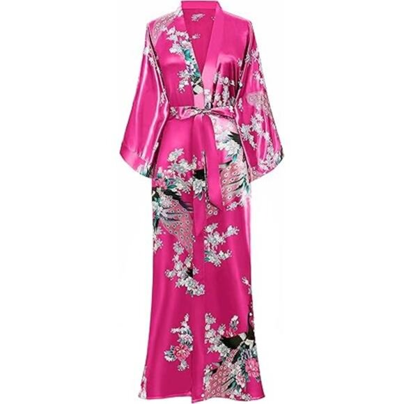 Women's Satin Kimono Robe – Long Nightgown with Peacock and Blossom Print - Picture 7 of 7